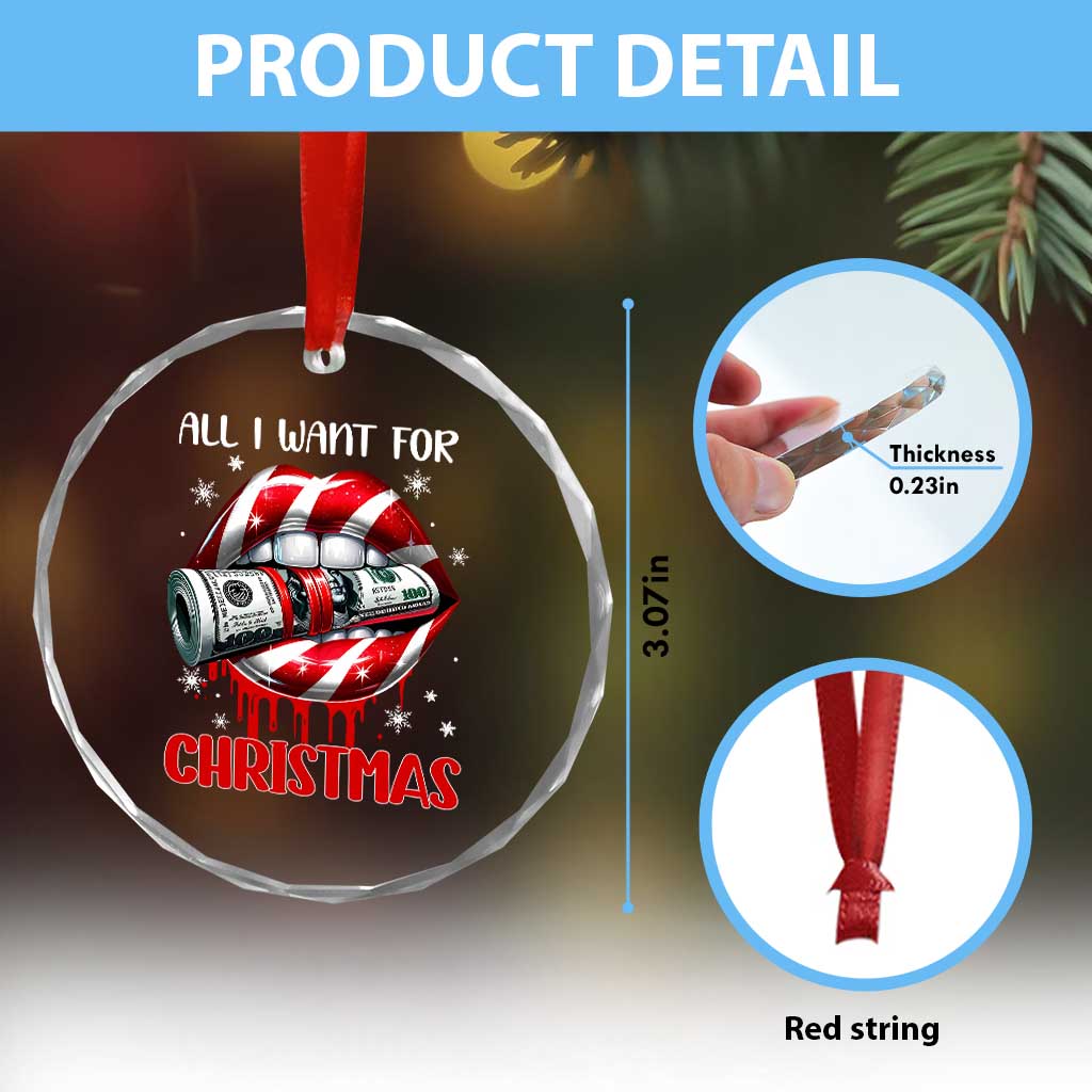 Funny All I Want For Xmas Is Money Crystal Glass Ornament Candy Cane Lips TS11