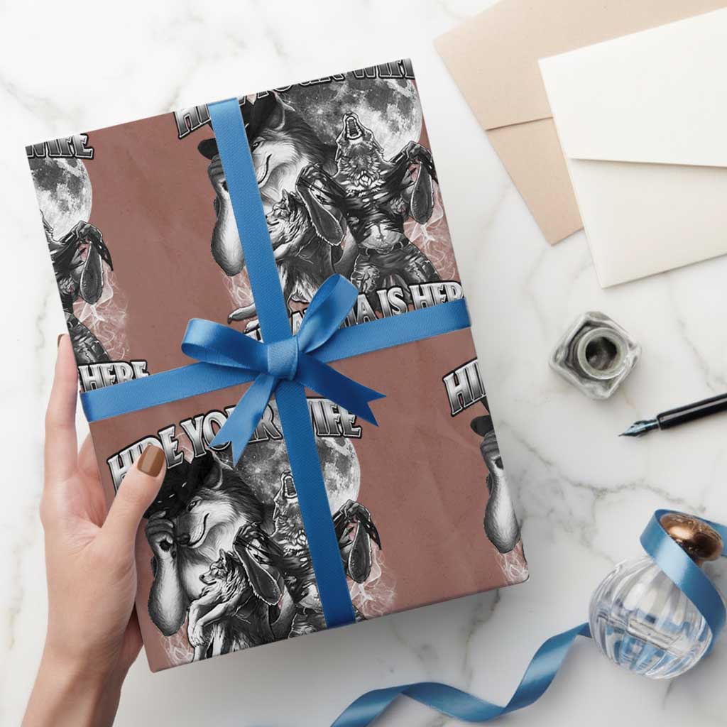 Funny Alpha Wolf Meme Wrapping Paper Roll Hide Your Wife The Alpha Is Here Humorous Cringe