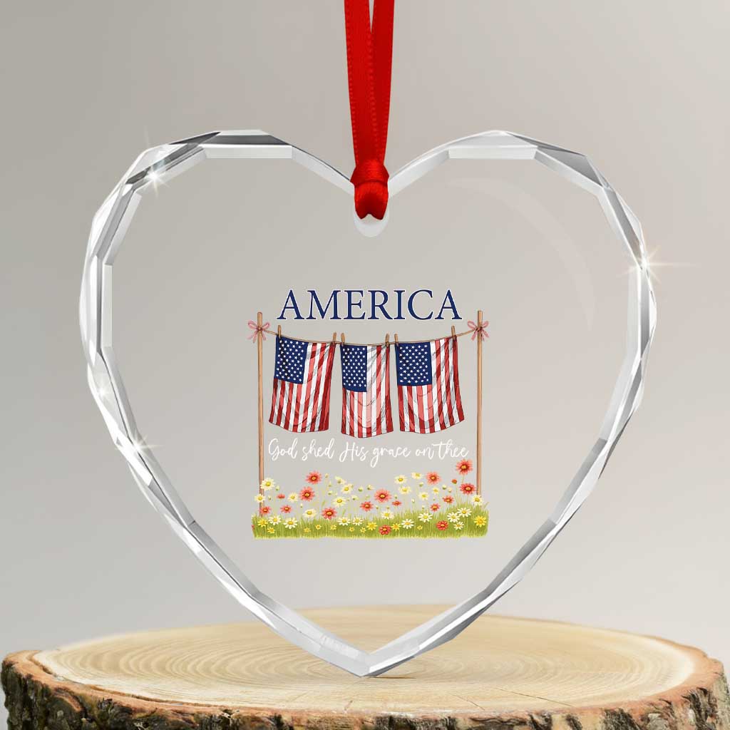 Funny America God Shed His Grace On Thee Heart Crystal Glass Ornament 4th Of July Christian American Flag - Wonder Print Shop