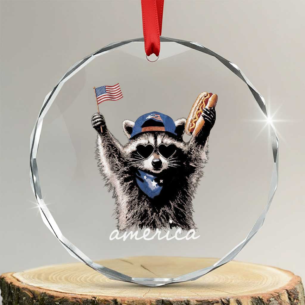 Funny America Raccoon Happy 4th of July Crystal Glass Ornament Holding Hotdog and US Flag Patriotic Graphic