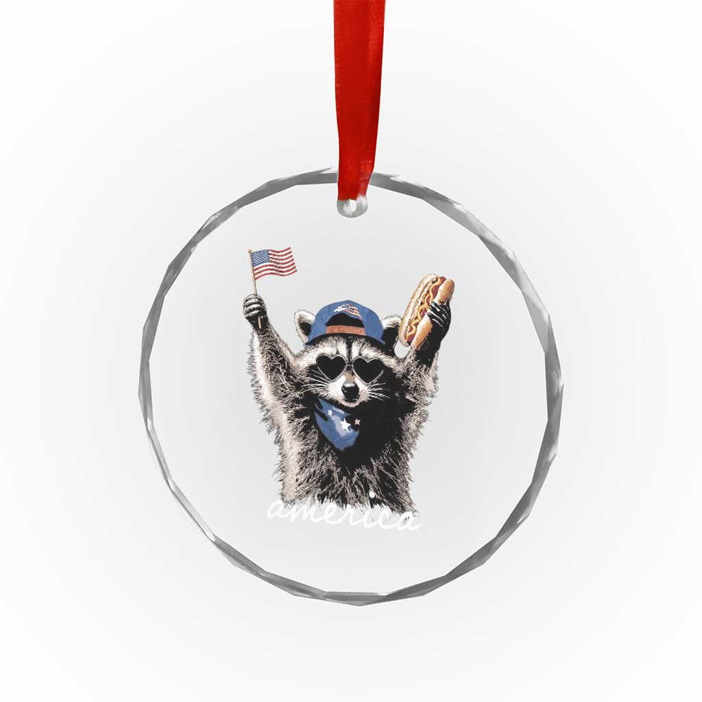Funny America Raccoon Happy 4th of July Crystal Glass Ornament Holding Hotdog and US Flag Patriotic Graphic