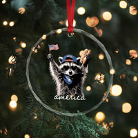 Funny America Raccoon Happy 4th of July Crystal Glass Ornament Holding Hotdog and US Flag Patriotic Graphic