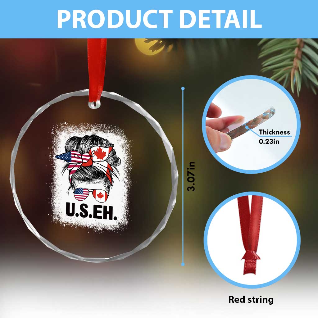 Funny American Canadan Bleached Crystal Glass Ornament US EH America Canada Flag Messy Bun TS02
