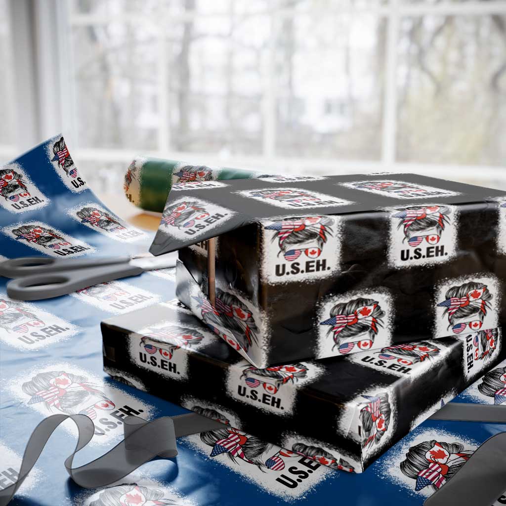 Funny American Canadan Bleached Wrapping Paper Roll US EH America Canada Flag Messy Bun
