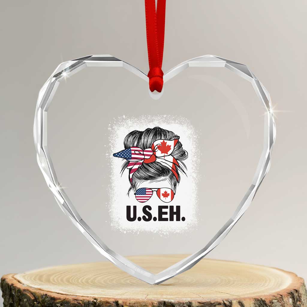 Funny American Canadan Bleached Heart Crystal Glass Ornament US EH America Canada Flag Messy Bun - Wonder Print Shop