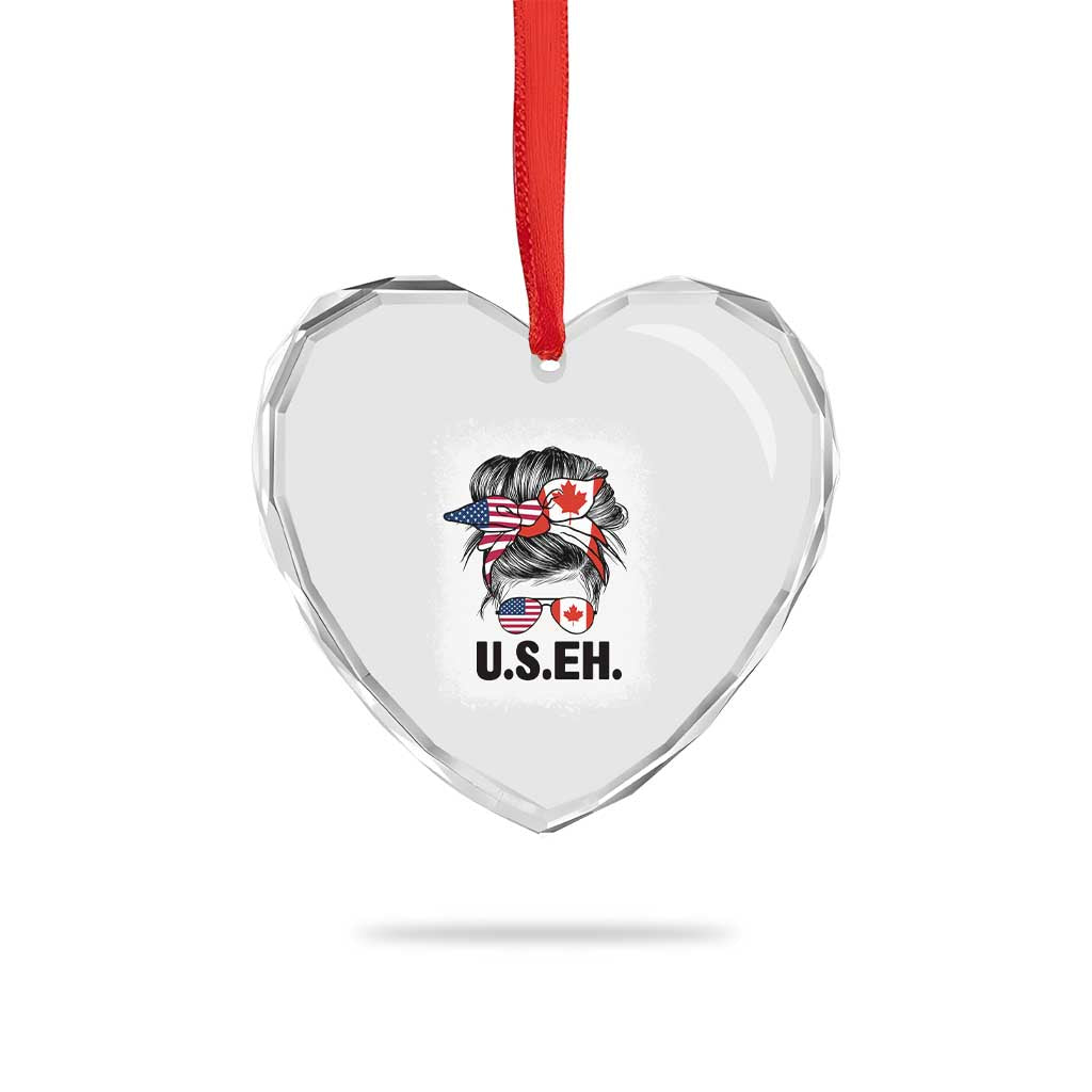 Funny American Canadan Bleached Heart Crystal Glass Ornament US EH America Canada Flag Messy Bun - Wonder Print Shop