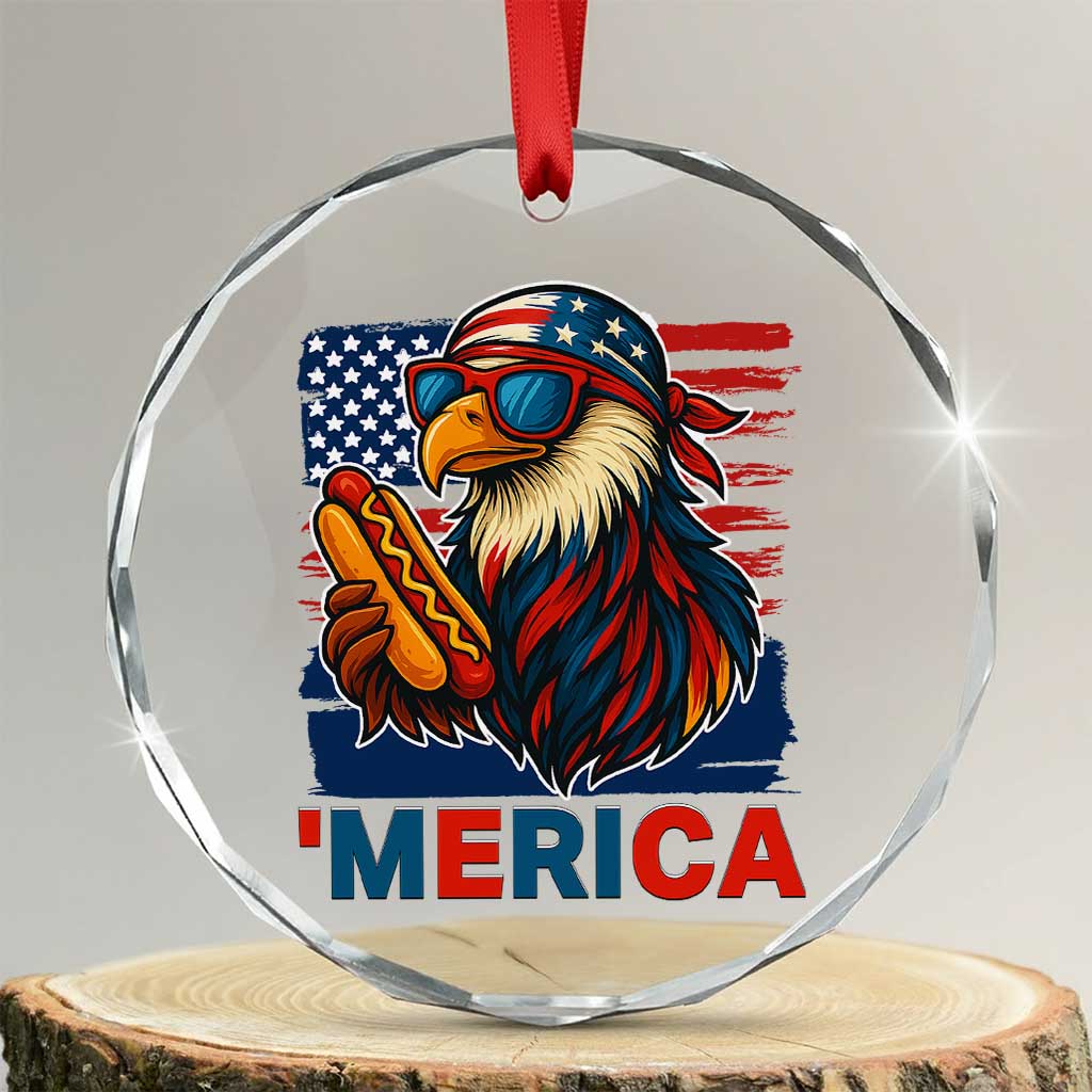 Funny American Eagle Eating Hot Dog Crystal Glass Ornament 4th Of July Party Patriotic USA Flag - Wonder Print Shop