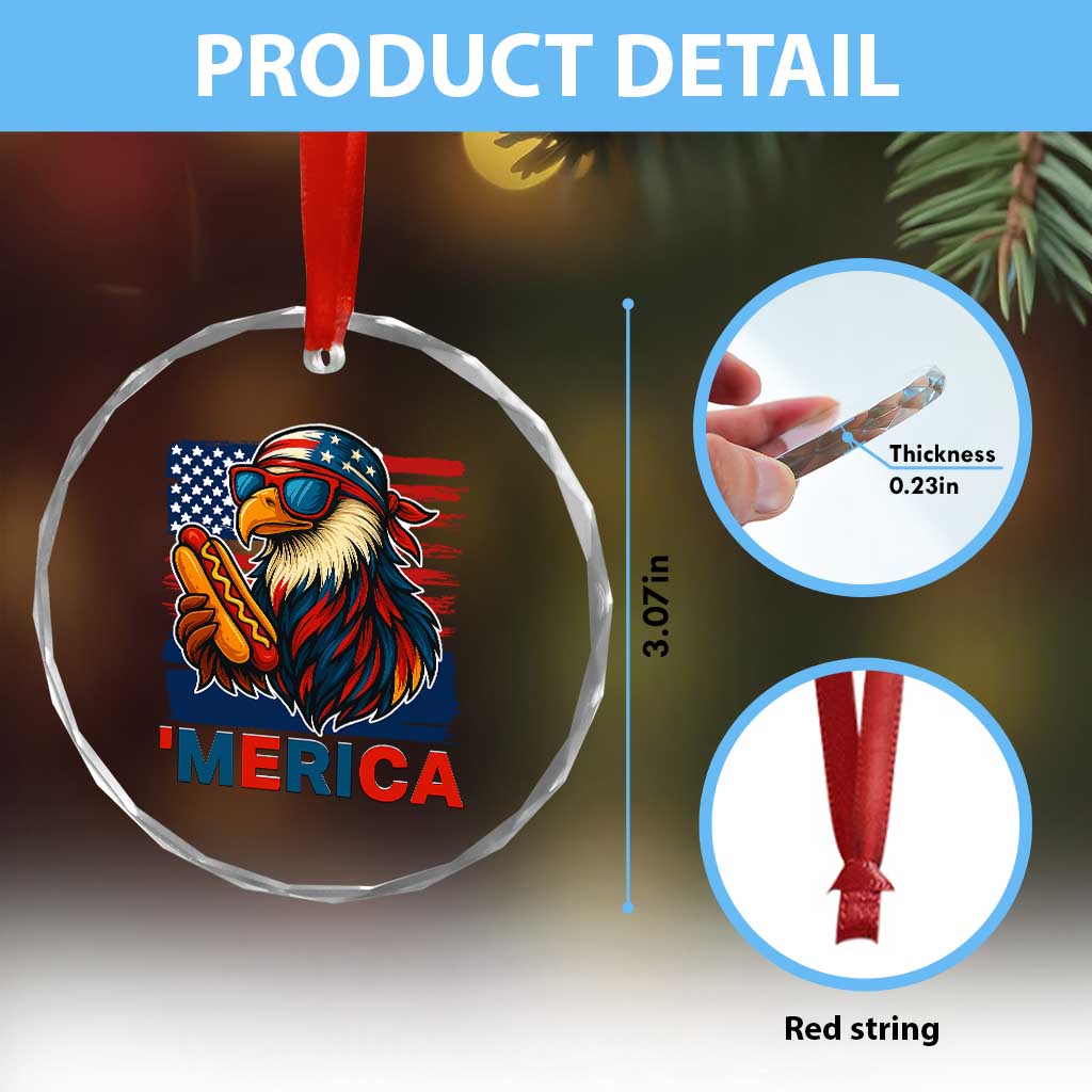 Funny American Eagle Eating Hot Dog Crystal Glass Ornament 4th Of July Party Patriotic USA Flag TS02