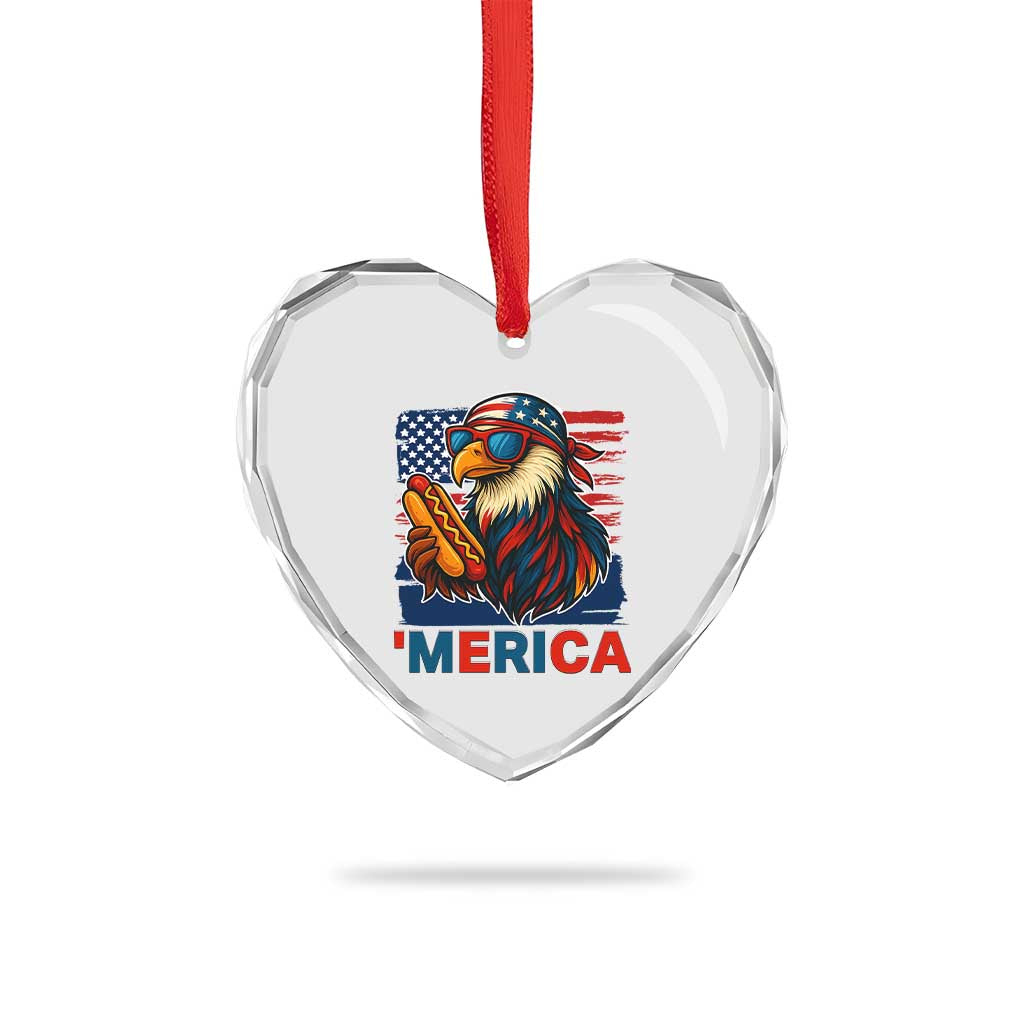 Funny American Eagle Eating Hot Dog Heart Crystal Glass Ornament 4th Of July Party Patriotic USA Flag - Wonder Print Shop
