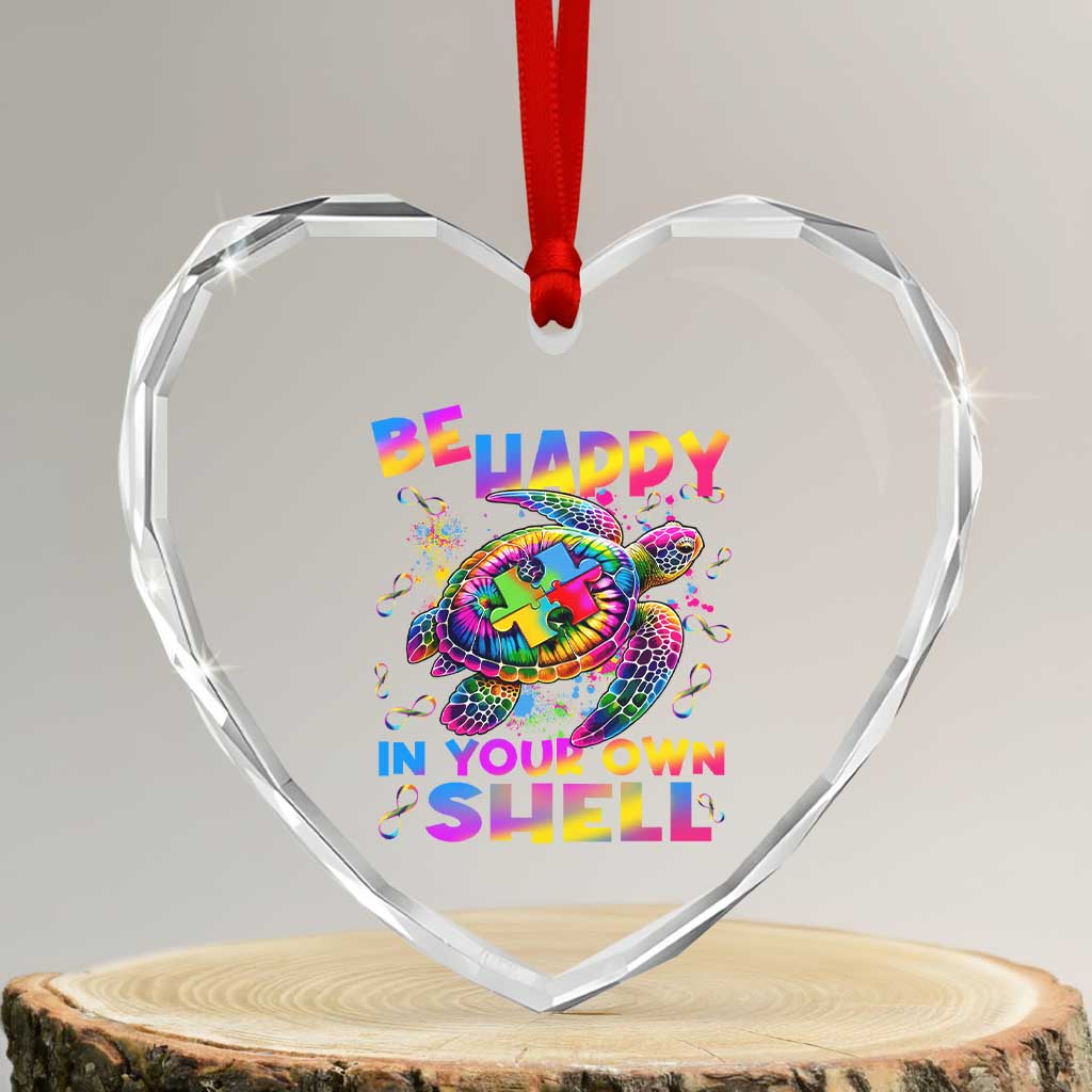 Funny Autism Awareness Be Happy In Your Own Shell Heart Crystal Glass Ornament Rainbow Puzzle Turtle