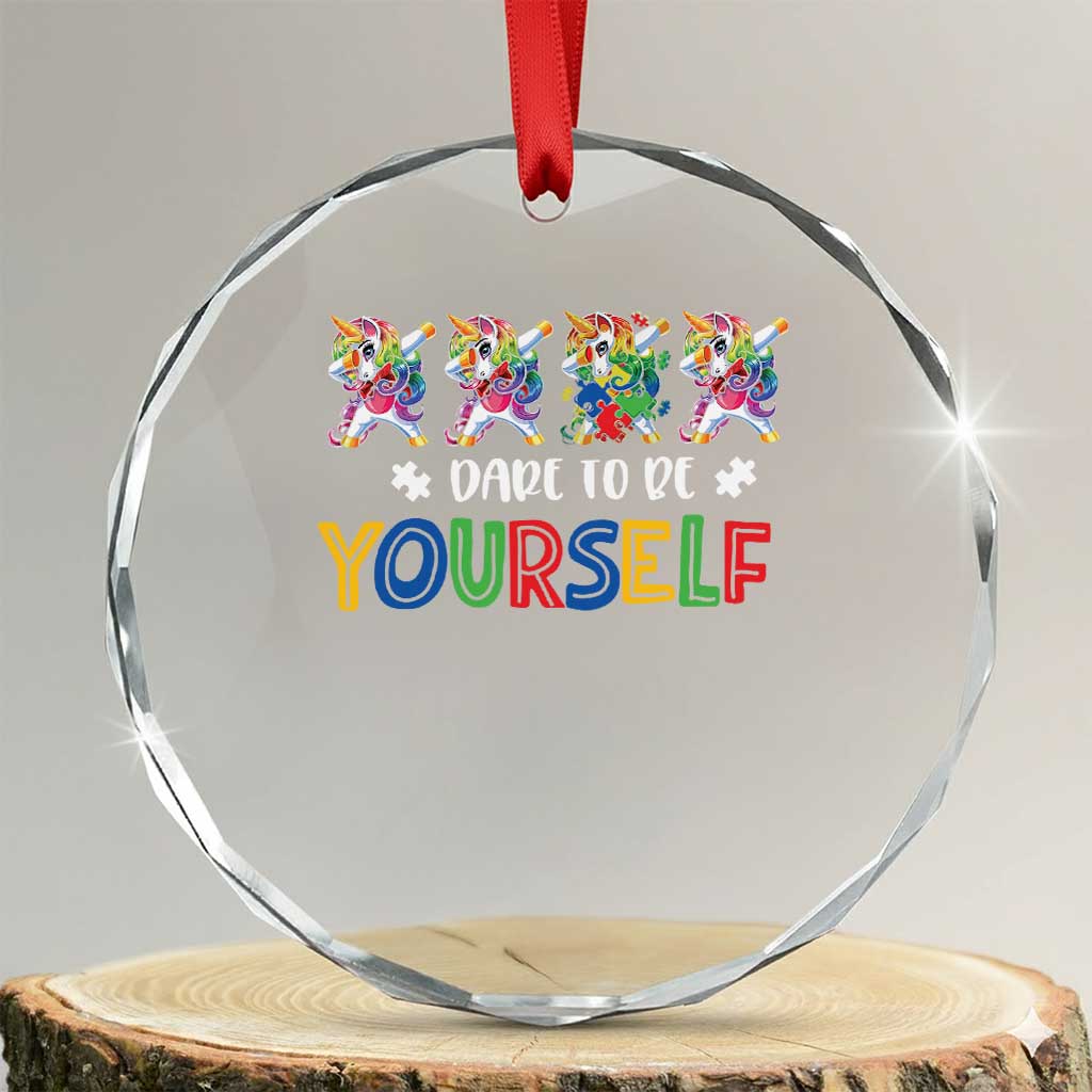 Funny Autism Awareness Dare To Be Yourself Crystal Glass Ornament Dabbing Unicorn