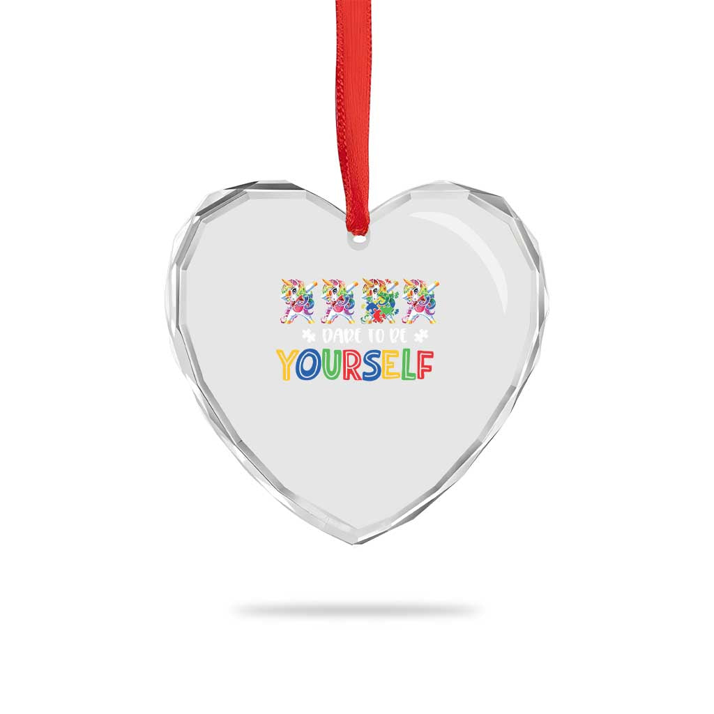 Funny Autism Awareness Dare To Be Yourself Heart Crystal Glass Ornament Dabbing Unicorn