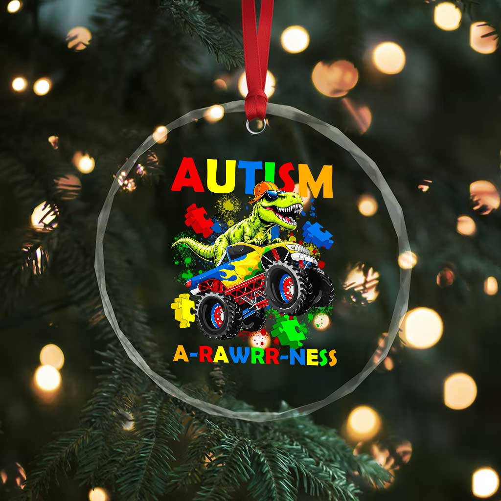 Funny Autism Awareness Dinosaur Crystal Glass Ornament Autism Arawrrness Monster Truck Puzzle Pieces