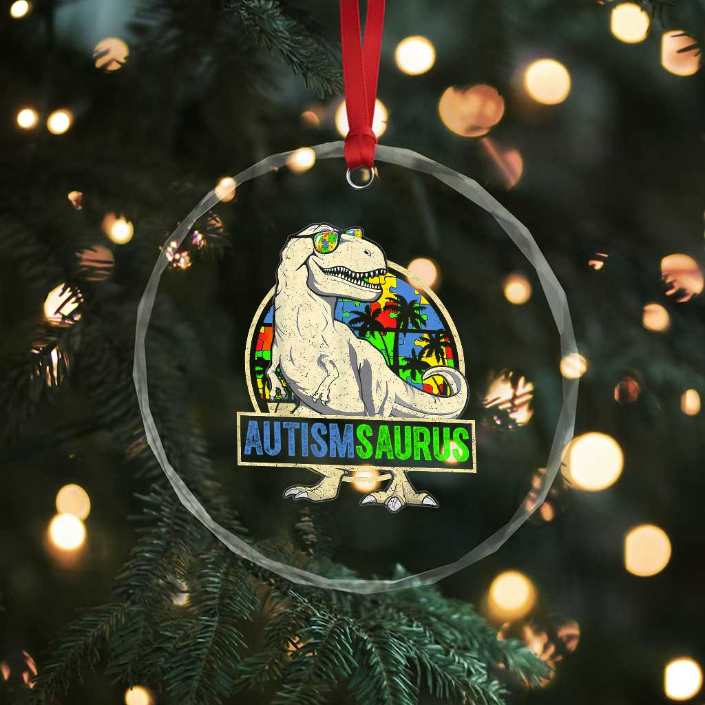 Funny Autism Awareness Dinosaur Crystal Glass Ornament Autismsaurus Puzzle Pieces