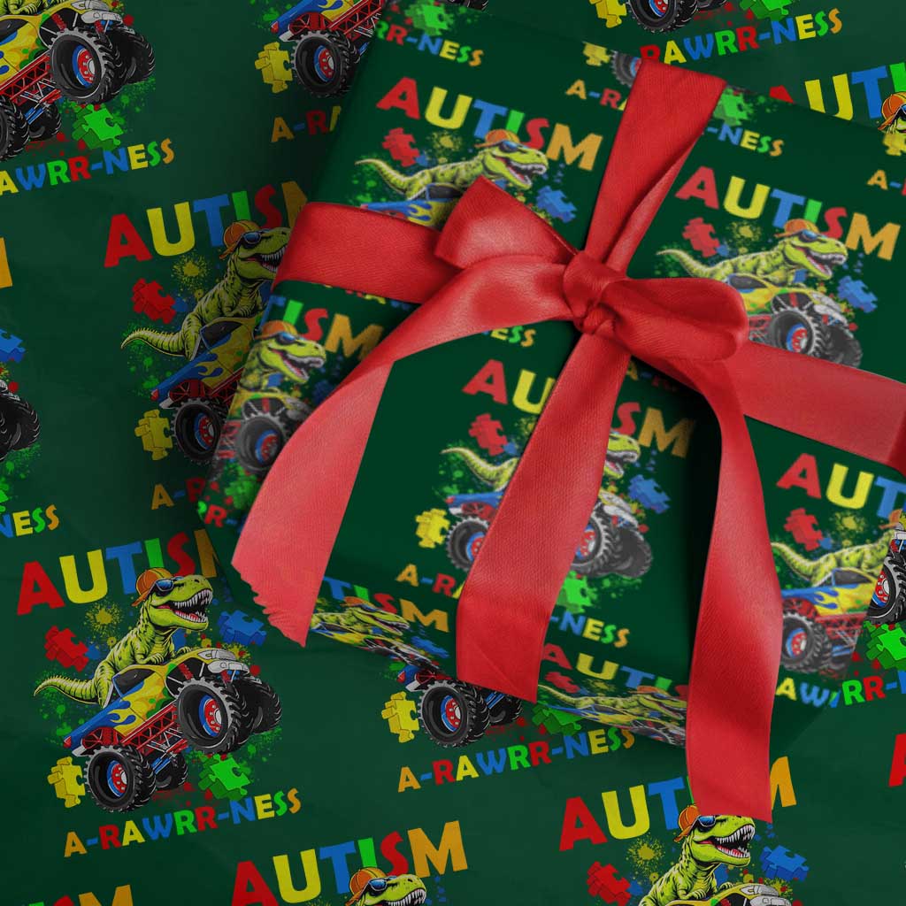 Funny Autism Awareness Dinosaur Wrapping Paper Roll Autism Arawrrness Monster Truck Puzzle Pieces