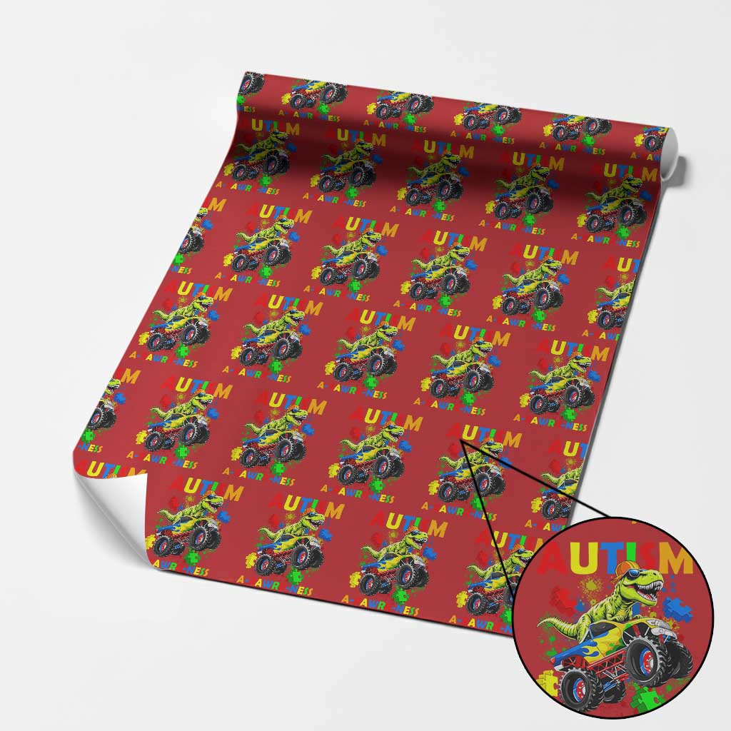 Funny Autism Awareness Dinosaur Wrapping Paper Roll Autism Arawrrness Monster Truck Puzzle Pieces