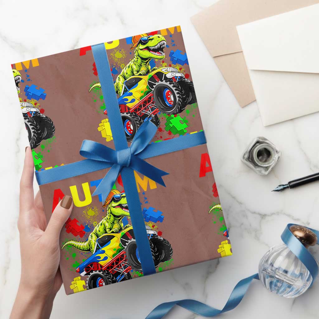 Funny Autism Awareness Dinosaur Wrapping Paper Roll Autism Arawrrness Monster Truck Puzzle Pieces