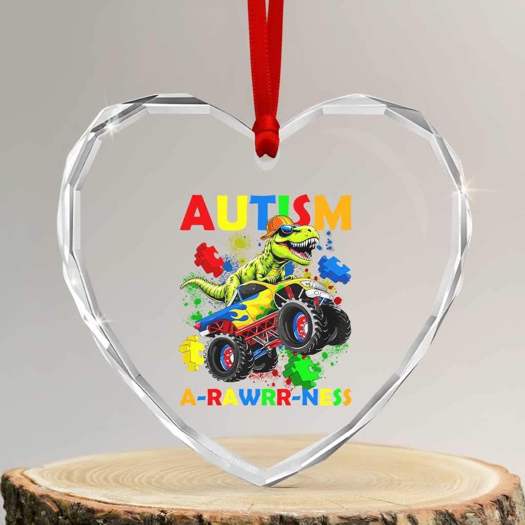 Funny Autism Awareness Dinosaur Heart Crystal Glass Ornament Autism Arawrrness Monster Truck Puzzle Pieces
