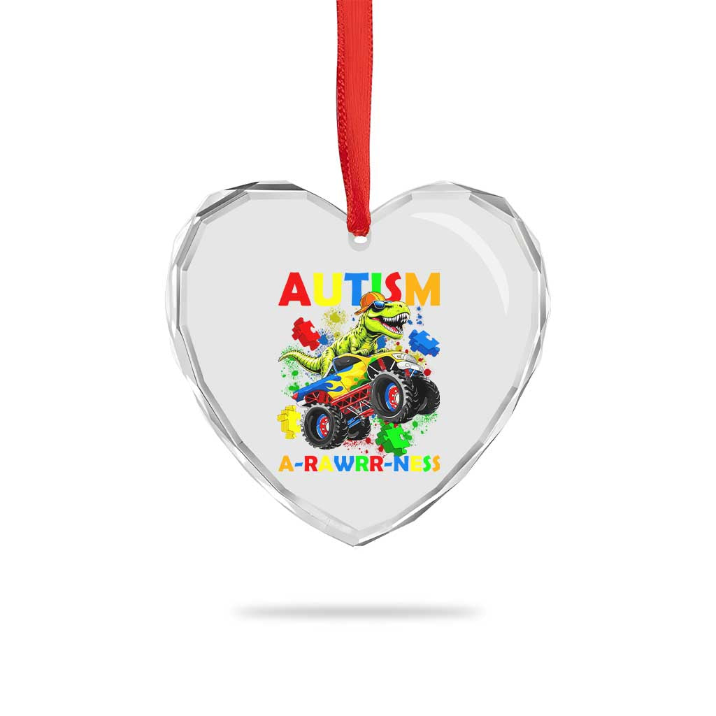 Funny Autism Awareness Dinosaur Heart Crystal Glass Ornament Autism Arawrrness Monster Truck Puzzle Pieces