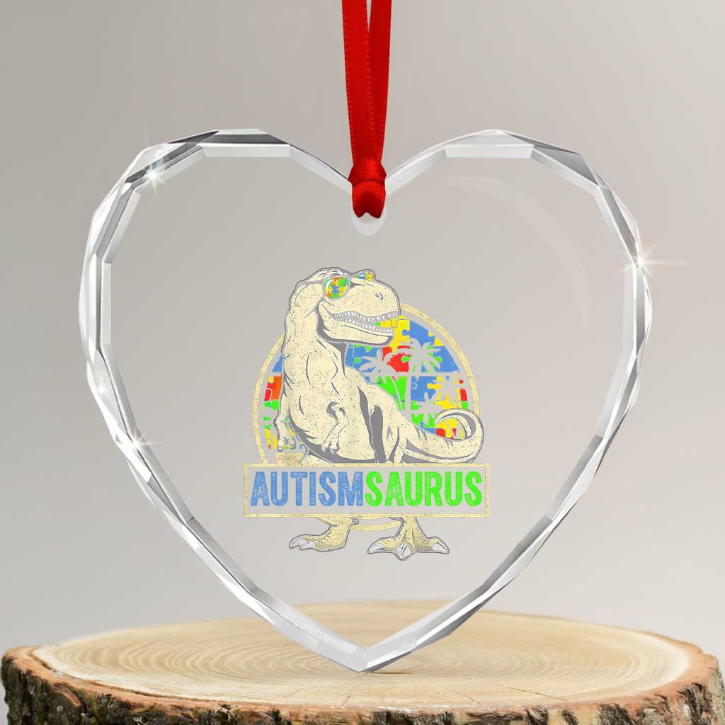 Funny Autism Awareness Dinosaur Heart Crystal Glass Ornament Autismsaurus Puzzle Pieces