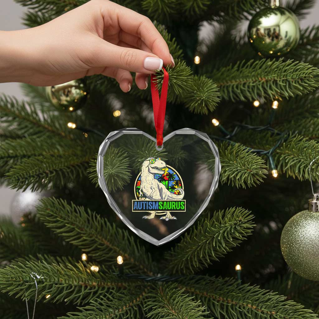 Funny Autism Awareness Dinosaur Heart Crystal Glass Ornament Autismsaurus Puzzle Pieces