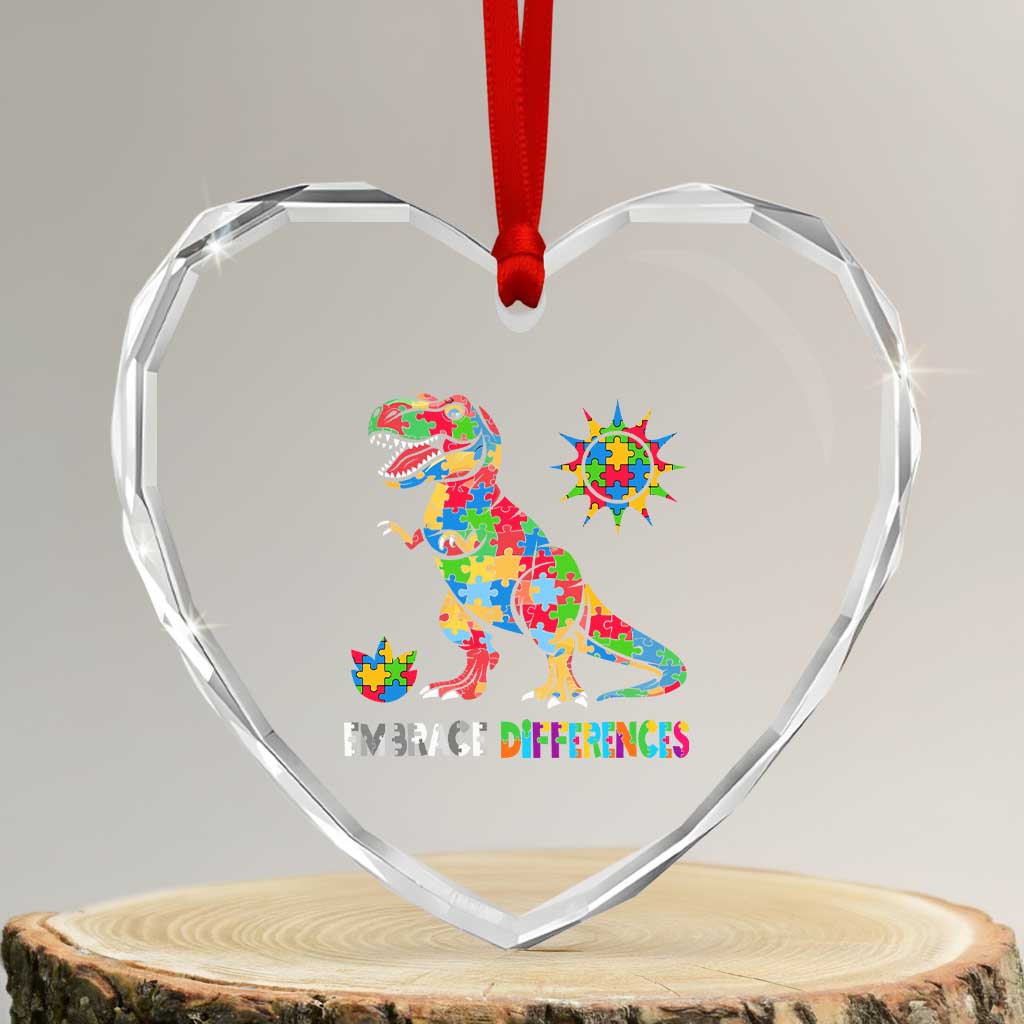 Funny Autism Awareness Embrace Differences Heart Crystal Glass Ornament Puzzle Dinosaur