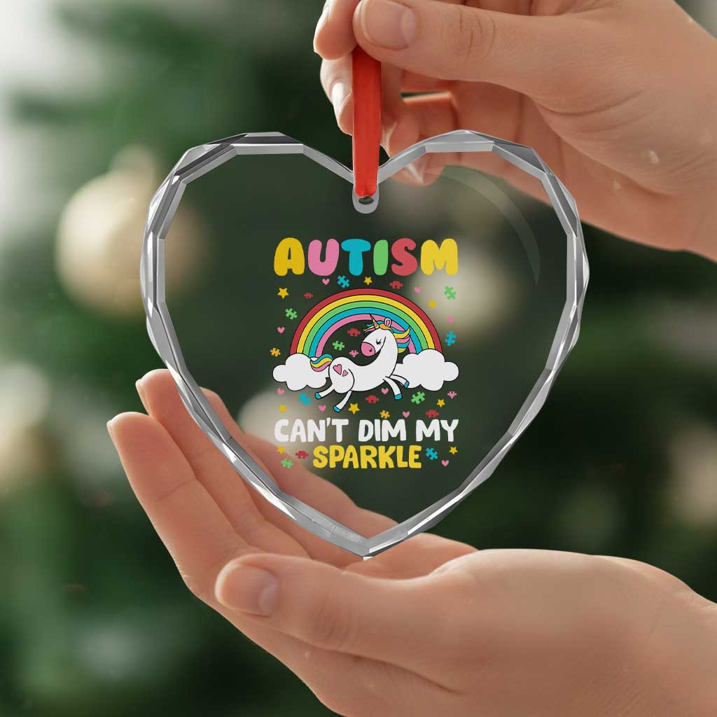 Funny Autism Can't Dim My Sparkle Heart Crystal Glass Ornament Autism Awareness Unicorn Rainbow