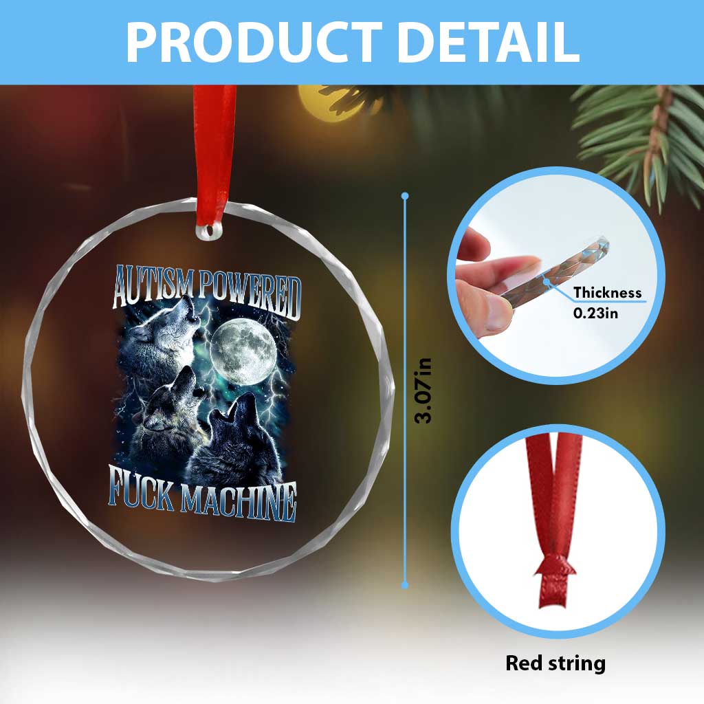 Funny Autism Powered Fuck Machine Crystal Glass Ornament Autism Quote Alpha Wolf