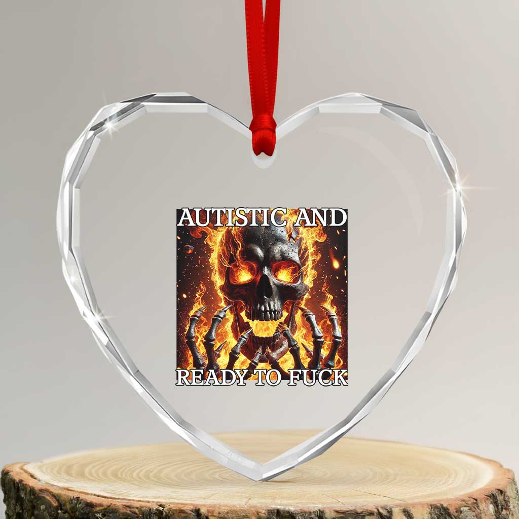 Funny Autistic Fire Skeleton Heart Crystal Glass Ornament Autism Humor Joke