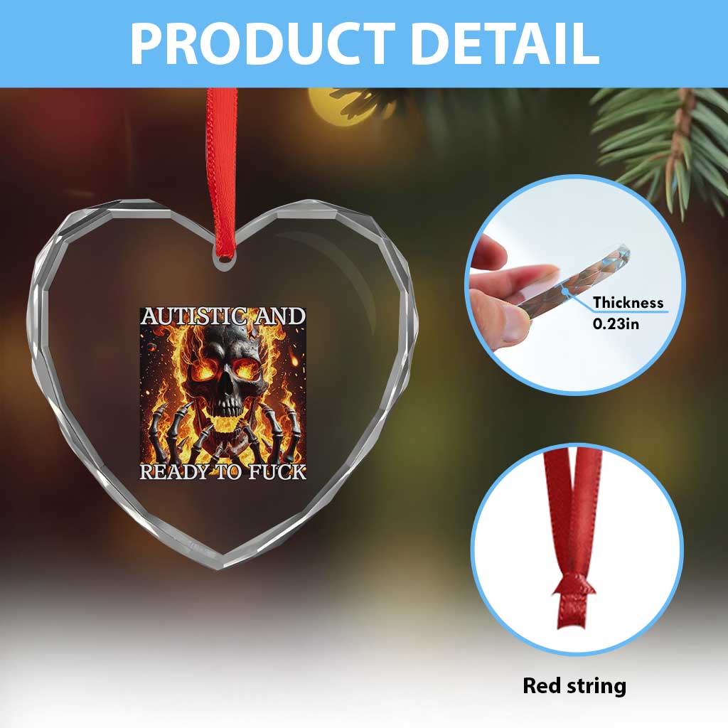 Funny Autistic Fire Skeleton Heart Crystal Glass Ornament Autism Humor Joke