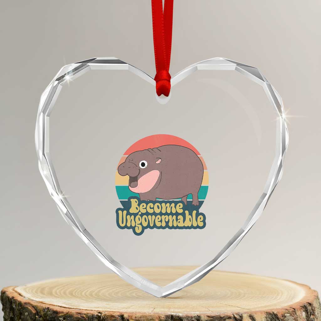 Funny Baby Hippo Moo Deng Heart Crystal Glass Ornament Become Ungovernable Retro - Wonder Print Shop