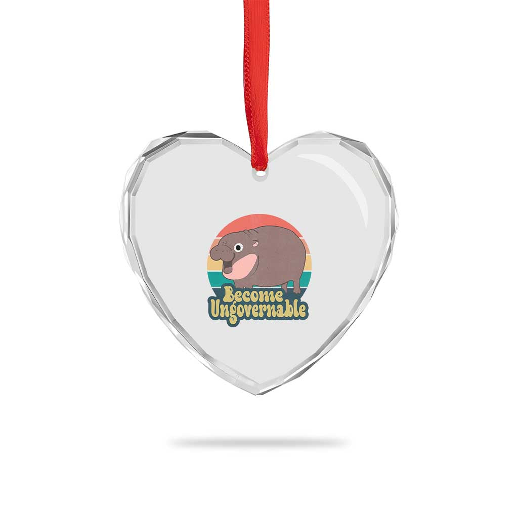 Funny Baby Hippo Moo Deng Heart Crystal Glass Ornament Become Ungovernable Retro - Wonder Print Shop