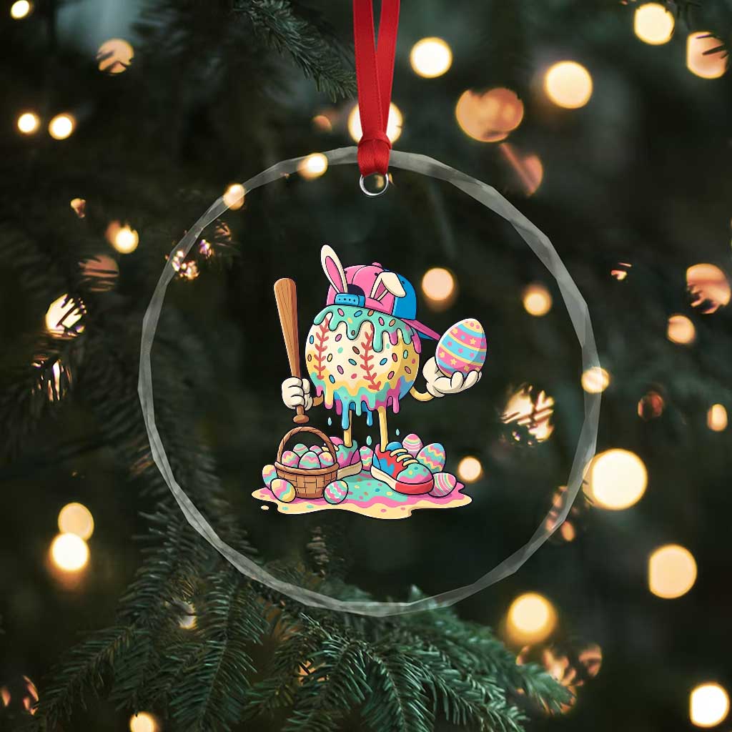 Funny Baseball Easter Bunny Graphic Crystal Glass Ornament Colorful Drip Egg Hunt Sports Mashup