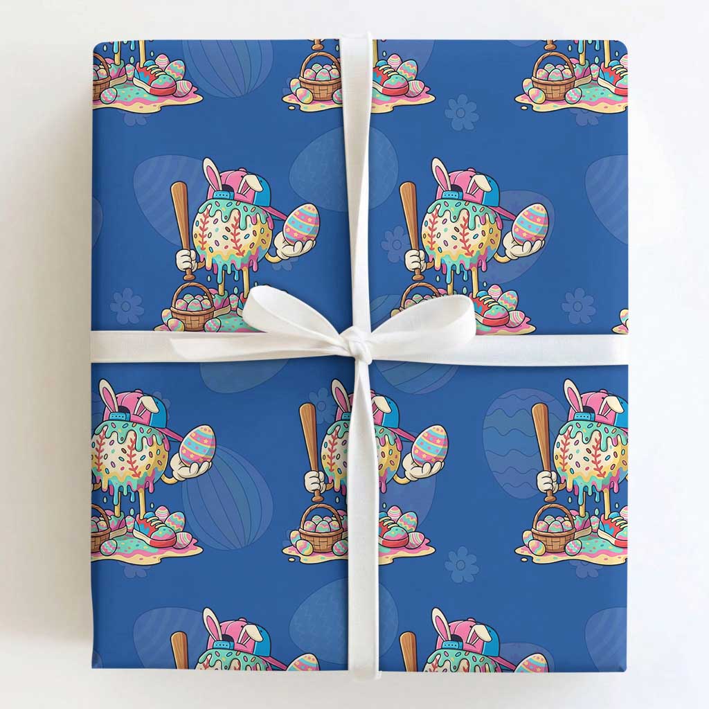 Funny Baseball Easter Bunny Graphic Wrapping Paper Roll Colorful Drip Egg Hunt Sports Mashup