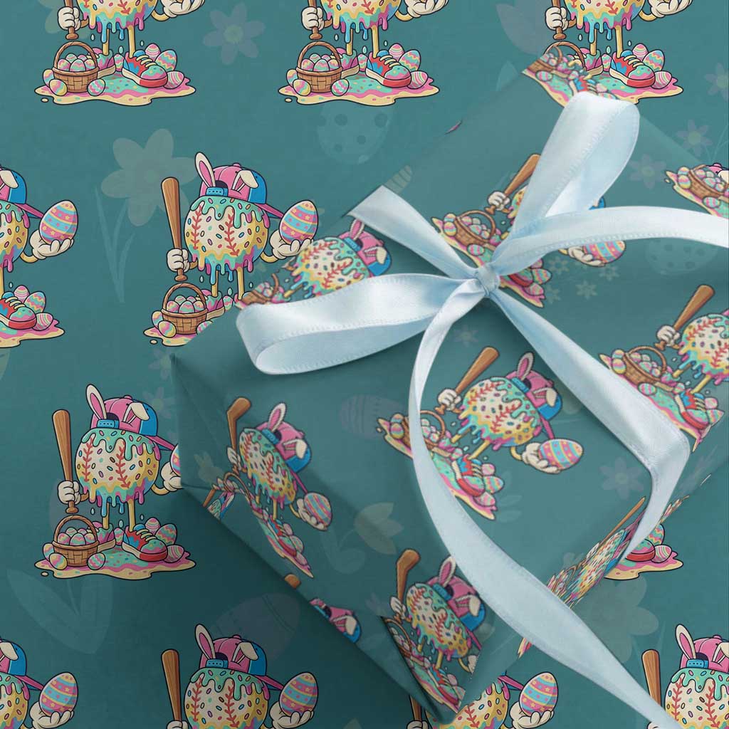 Funny Baseball Easter Bunny Graphic Wrapping Paper Roll Colorful Drip Egg Hunt Sports Mashup