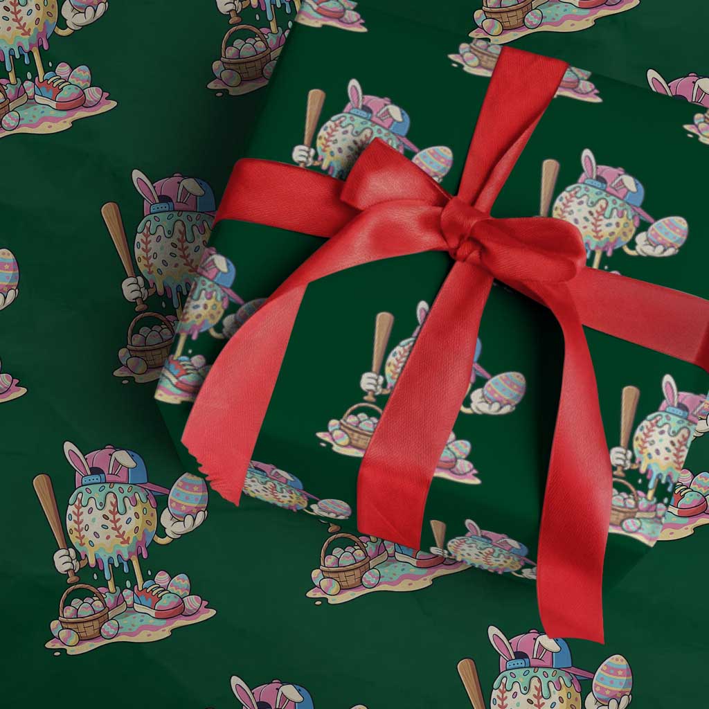 Funny Baseball Easter Bunny Graphic Wrapping Paper Roll Colorful Drip Egg Hunt Sports Mashup