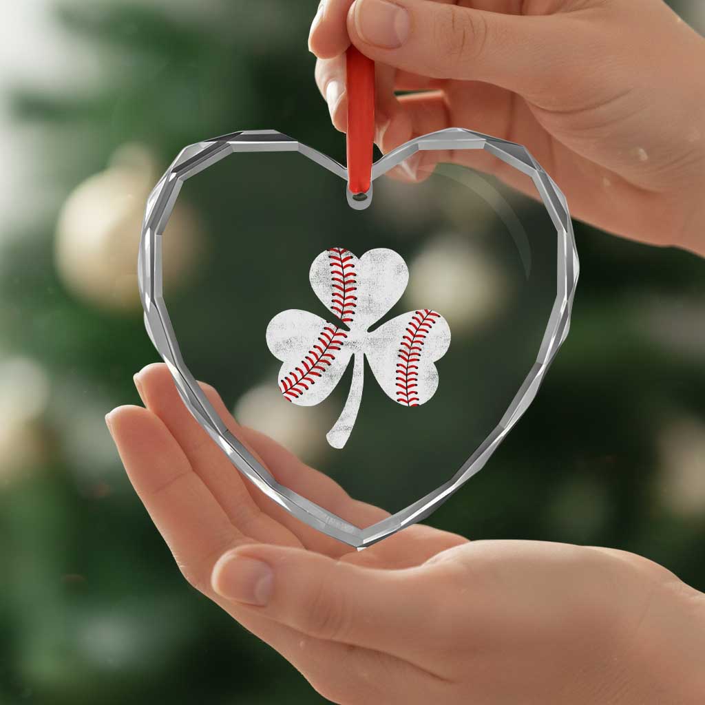 Funny Baseball St Patricks Day Distressed Shamrock Heart Crystal Glass Ornament