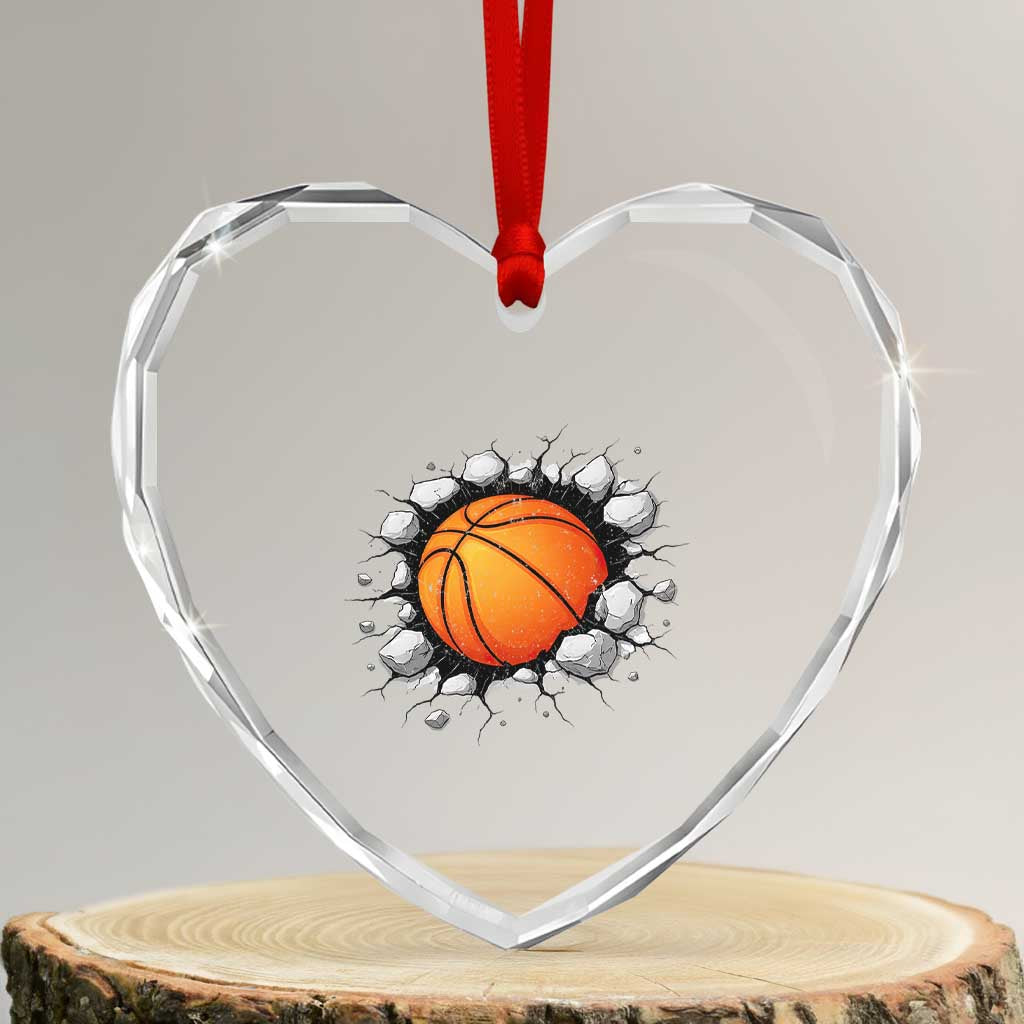 Funny Basketball Bursting Through Wall Heart Crystal Glass Ornament Sports Fan Gift