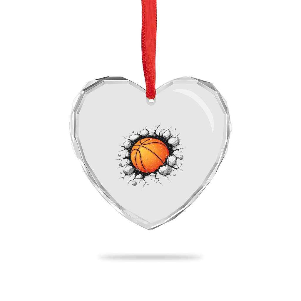 Funny Basketball Bursting Through Wall Heart Crystal Glass Ornament Sports Fan Gift