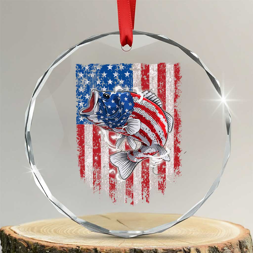 Funny Bass Fish Fishing Vintage American Flag Patriotic Crystal Glass Ornament - Wonder Print Shop