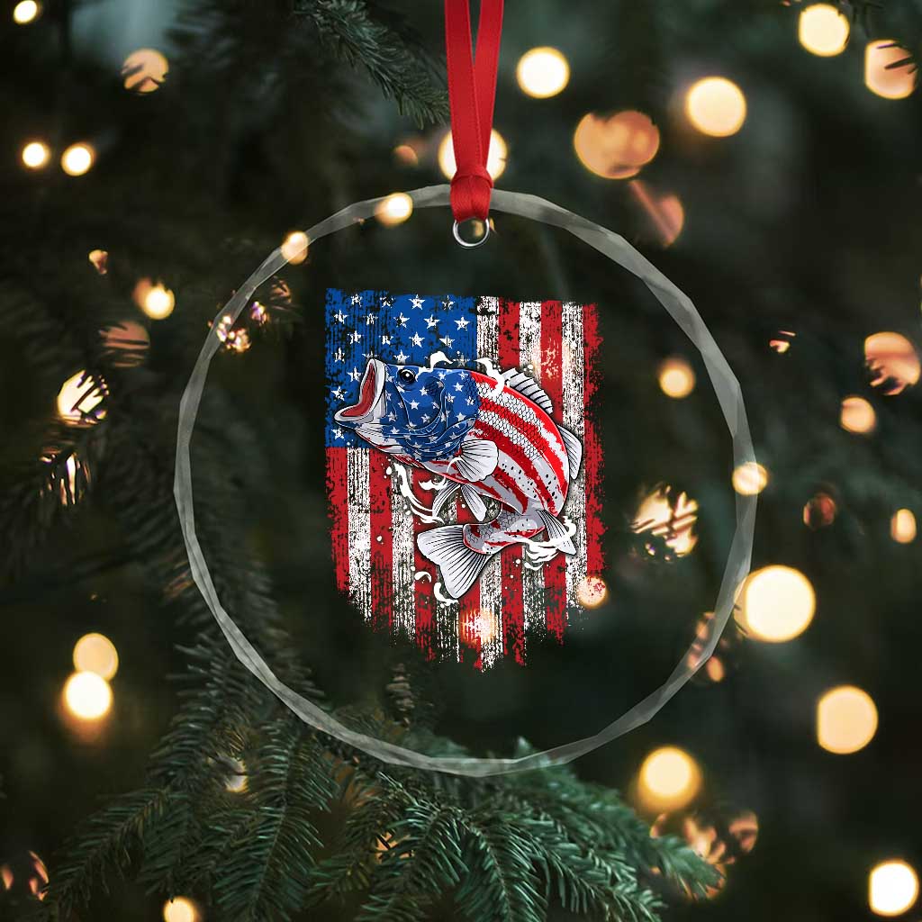 Funny Bass Fish Fishing Vintage American Flag Patriotic Crystal Glass Ornament TS11