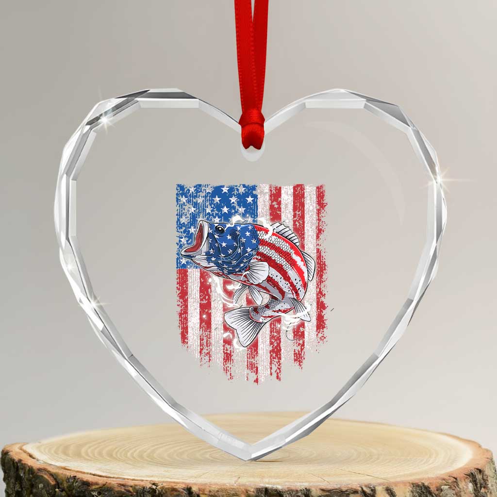 Funny Bass Fish Fishing Vintage American Flag Patriotic Heart Crystal Glass Ornament - Wonder Print Shop