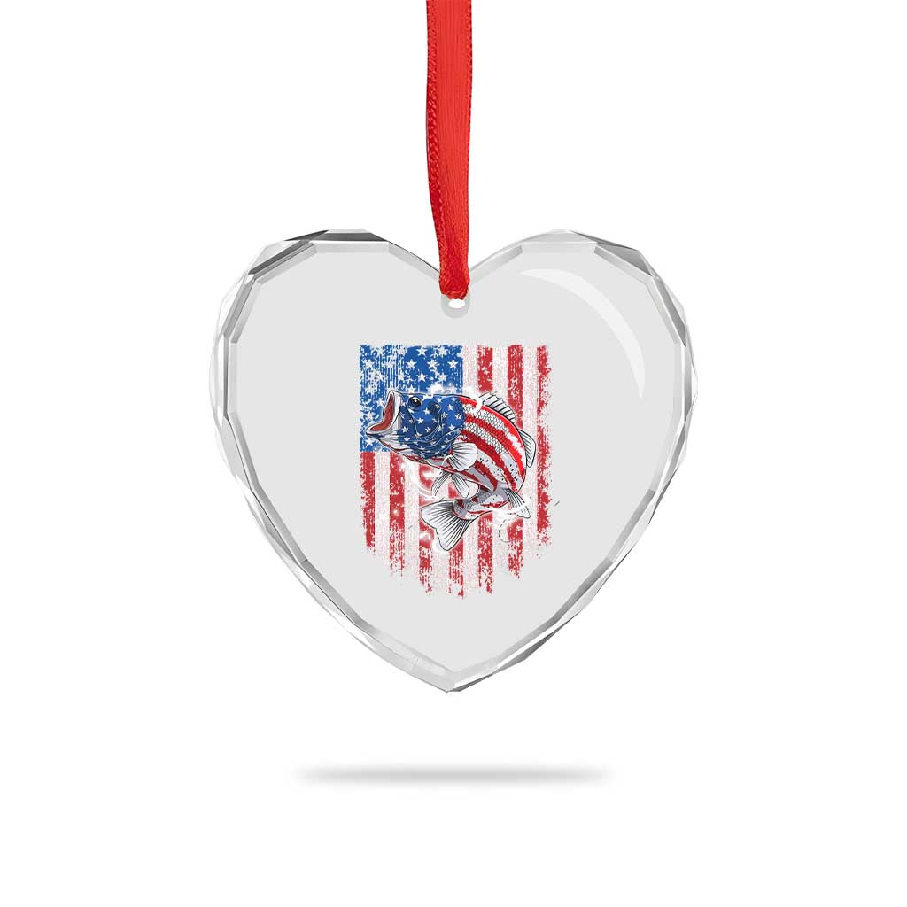 Funny Bass Fish Fishing Vintage American Flag Patriotic Heart Crystal Glass Ornament - Wonder Print Shop
