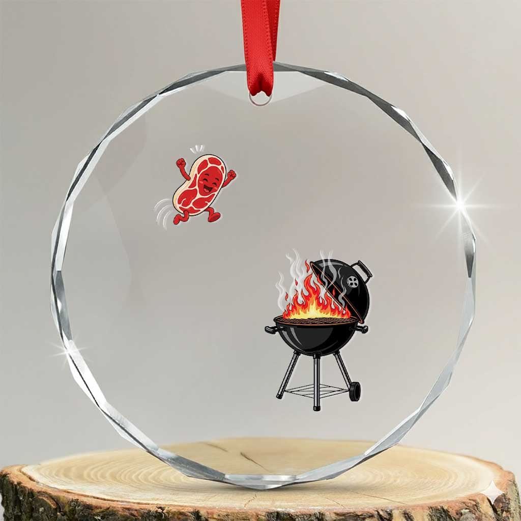 Funny BBQ Steak Meme Cute Meat Jumping Into Grill Crystal Glass Ornament