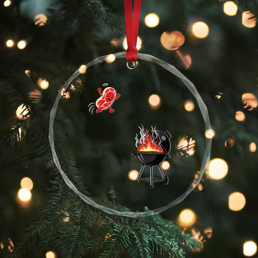 Funny BBQ Steak Meme Cute Meat Jumping Into Grill Crystal Glass Ornament