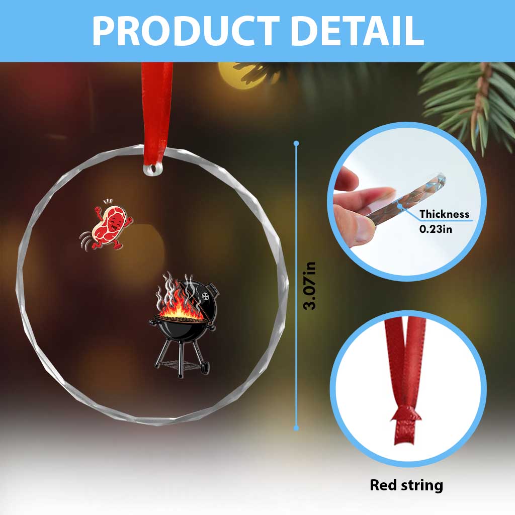 Funny BBQ Steak Meme Cute Meat Jumping Into Grill Crystal Glass Ornament