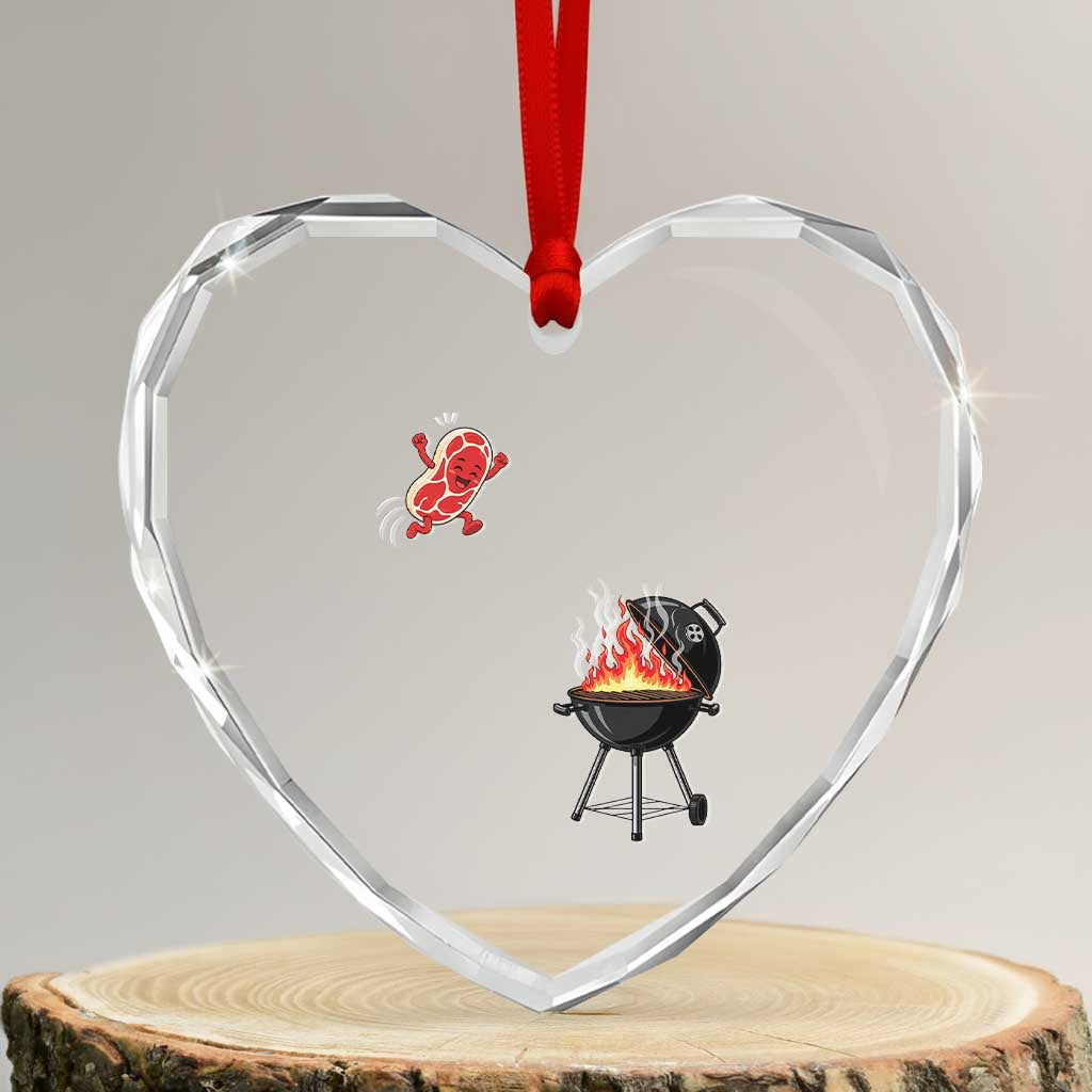Funny BBQ Steak Meme Cute Meat Jumping Into Grill Heart Crystal Glass Ornament