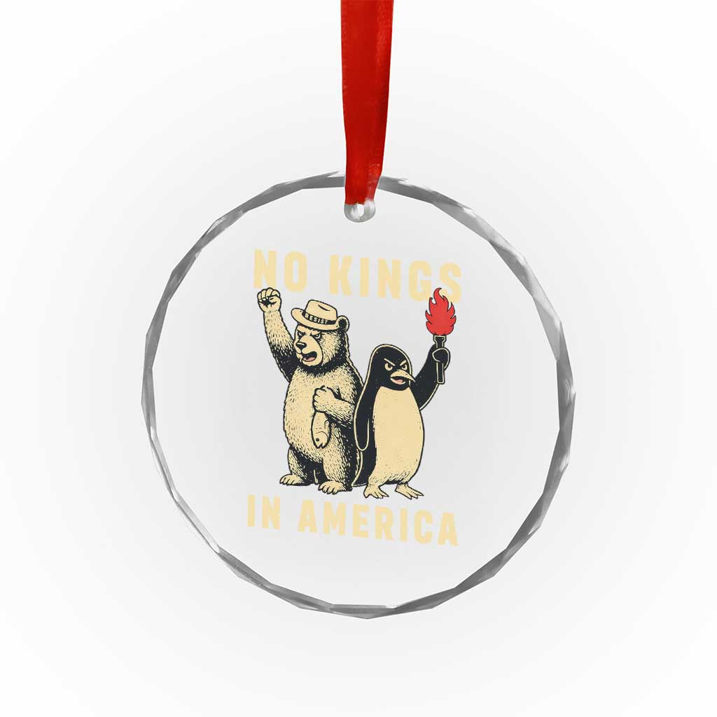 Funny Bear And Penguin Protest Crystal Glass Ornament No Kings In America