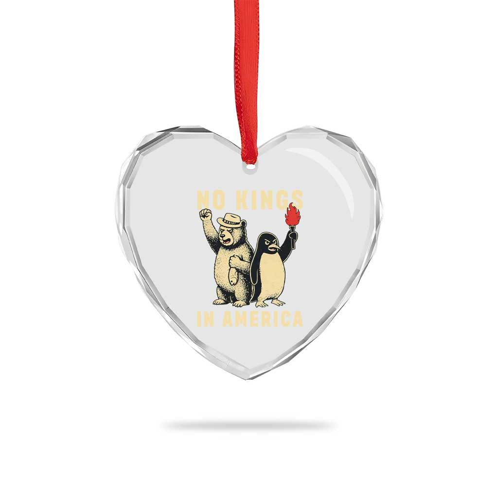 Funny Bear And Penguin Protest Heart Crystal Glass Ornament No Kings In America