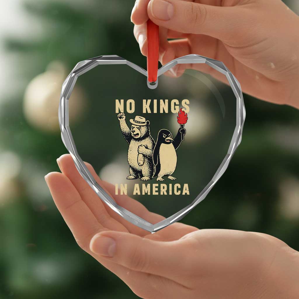 Funny Bear And Penguin Protest Heart Crystal Glass Ornament No Kings In America